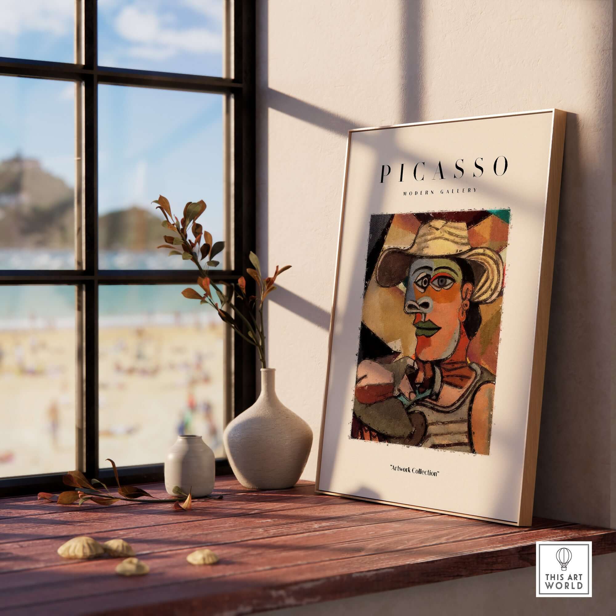 Picasso Man Straw Hat Abstract Portrait Art Print Cubist Poster Artwork Collection displayed in a window setting.