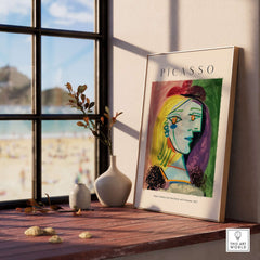 Picasso Marie Thérèse Red Beret Pompom 1937 Portrait Art Print Cubist Poster Colorful displayed by a window.