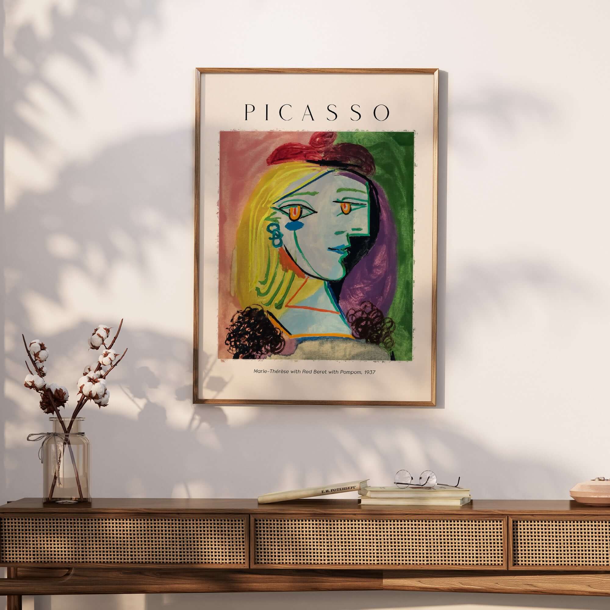 Picasso Marie Thérèse Red Beret Pompom 1937 Portrait Art Print Cubist Poster Colorful framed art on a wall.