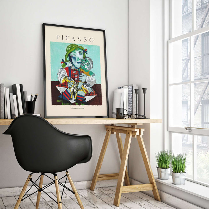Colorful Picasso Maya with Doll 1938 portrait print as wall decor in modern workspace setting.