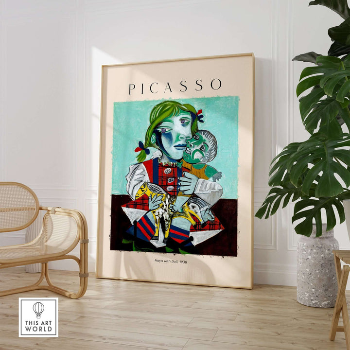 Colorful Picasso 'Maya with Doll' 1938 portrait print, Cubist art, vibrant child portrait wall decor.
