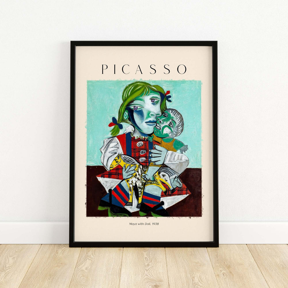 Picasso Maya with Doll 1938 portrait print colorful cubist wall art decor featuring vibrant patterns and child portrait.
