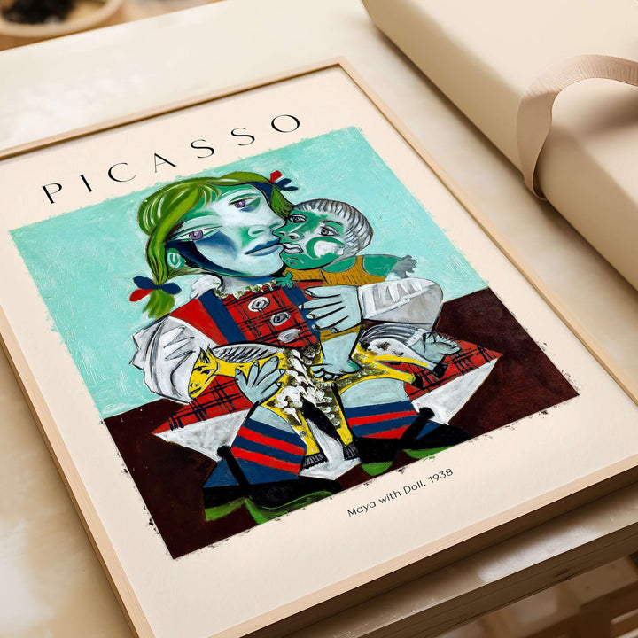 Colorful Picasso print of Maya with Doll, 1938, featuring Cubist style and playful distortions.