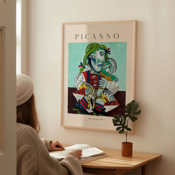 Colorful Picasso 'Maya with Doll' 1938 portrait print as wall art, featuring playful cubist style in a room setting.