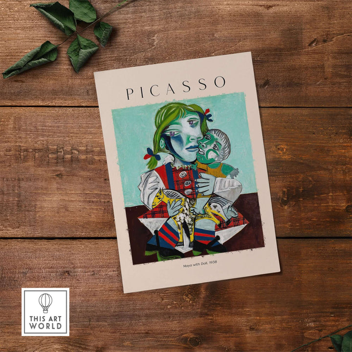 Picasso Maya with Doll 1938 Portrait Print, colorful cubist art wall decor featuring vibrant colors and expressive design.