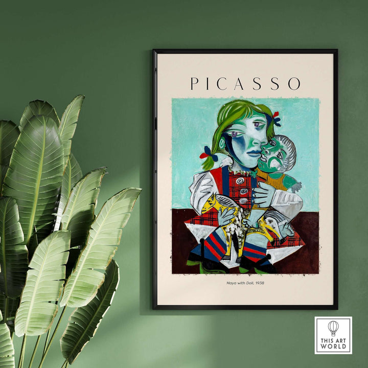 Cubist poster of Picasso's 'Maya with Doll' (1938), colorful wall decor featuring a child portrait.