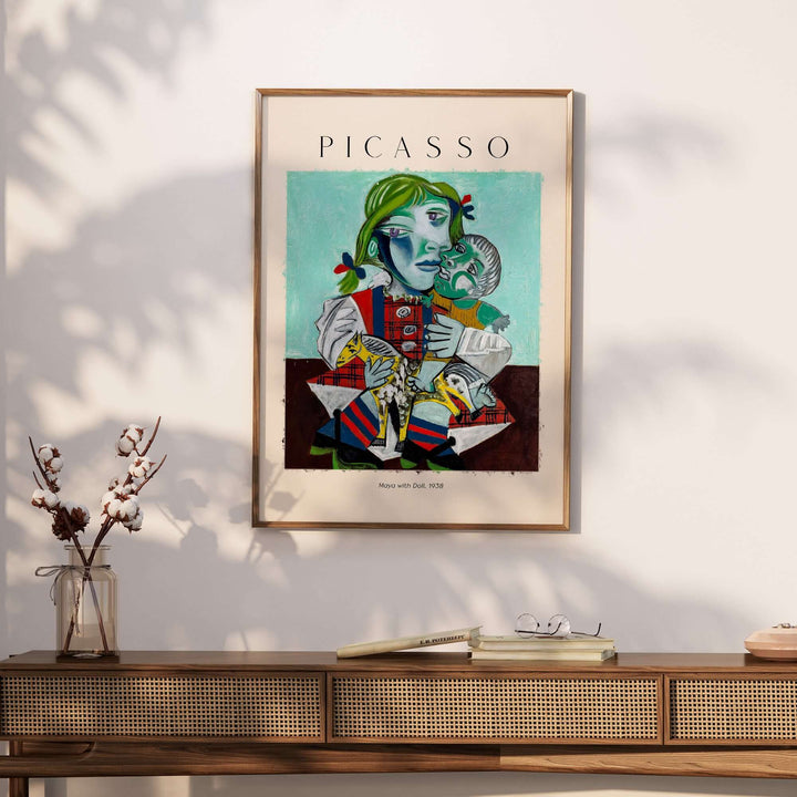 Colorful Picasso Maya with Doll 1938 portrait print in a stylish frame, enhancing modern wall decor.