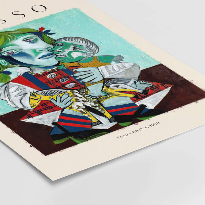 Colorful Picasso 1938 print of Maya with doll, featuring Cubist style and playful distortions.