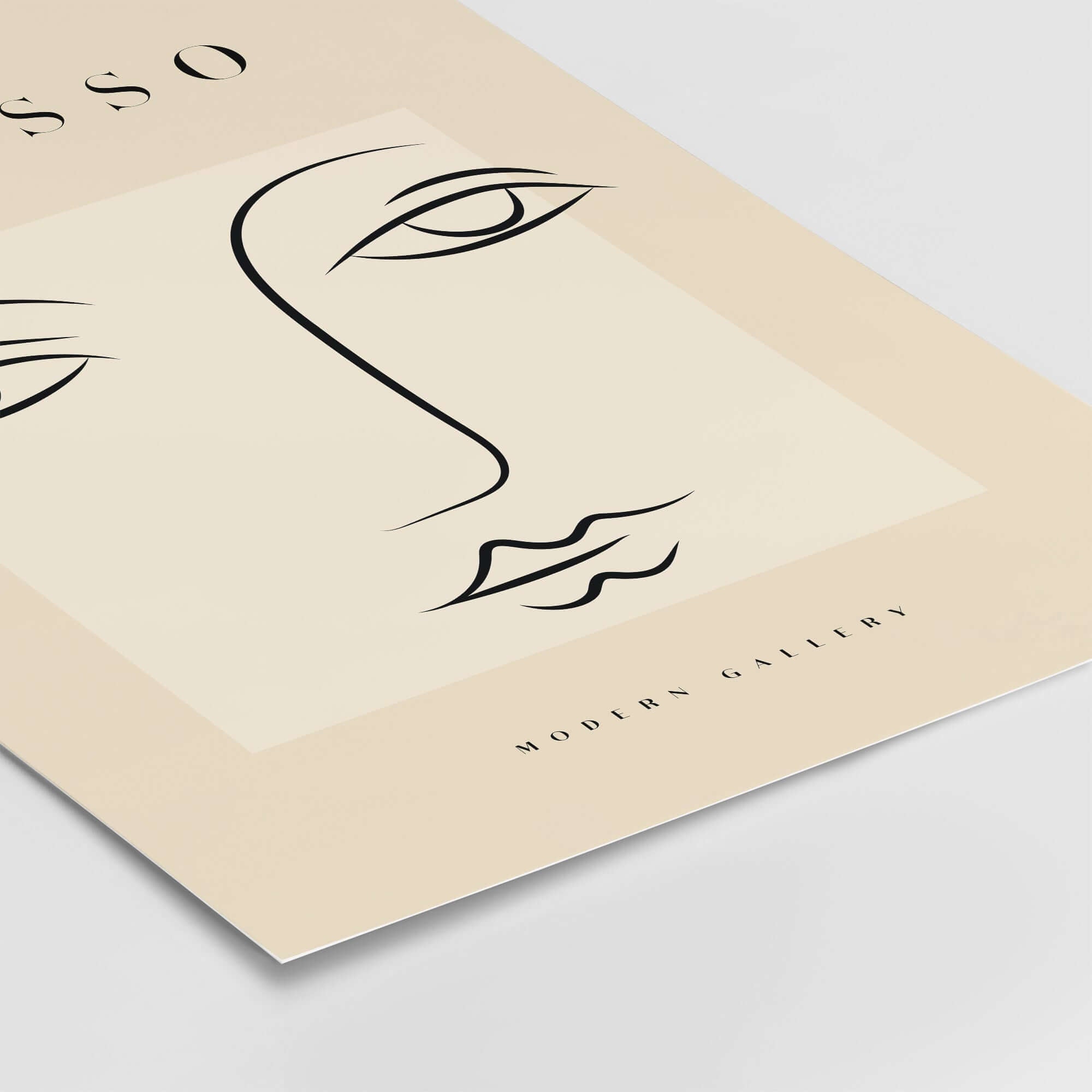 Picasso Minimalist Face Outline Line Art Simple Abstract Poster Modern Gallery Print in beige and black.