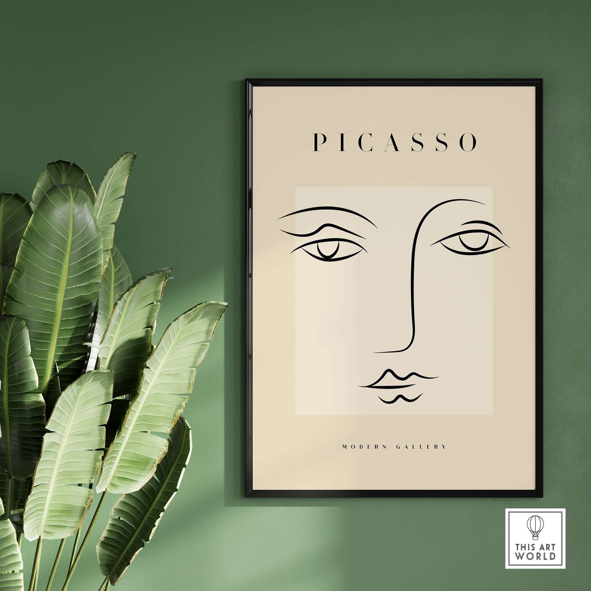 Picasso Minimalist Face Outline Line Art Simple Abstract Poster Modern Gallery Print displayed on a green wall.