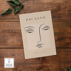 Picasso Minimalist Face Outline Line Art Simple Abstract Poster Modern Gallery Print on wood background