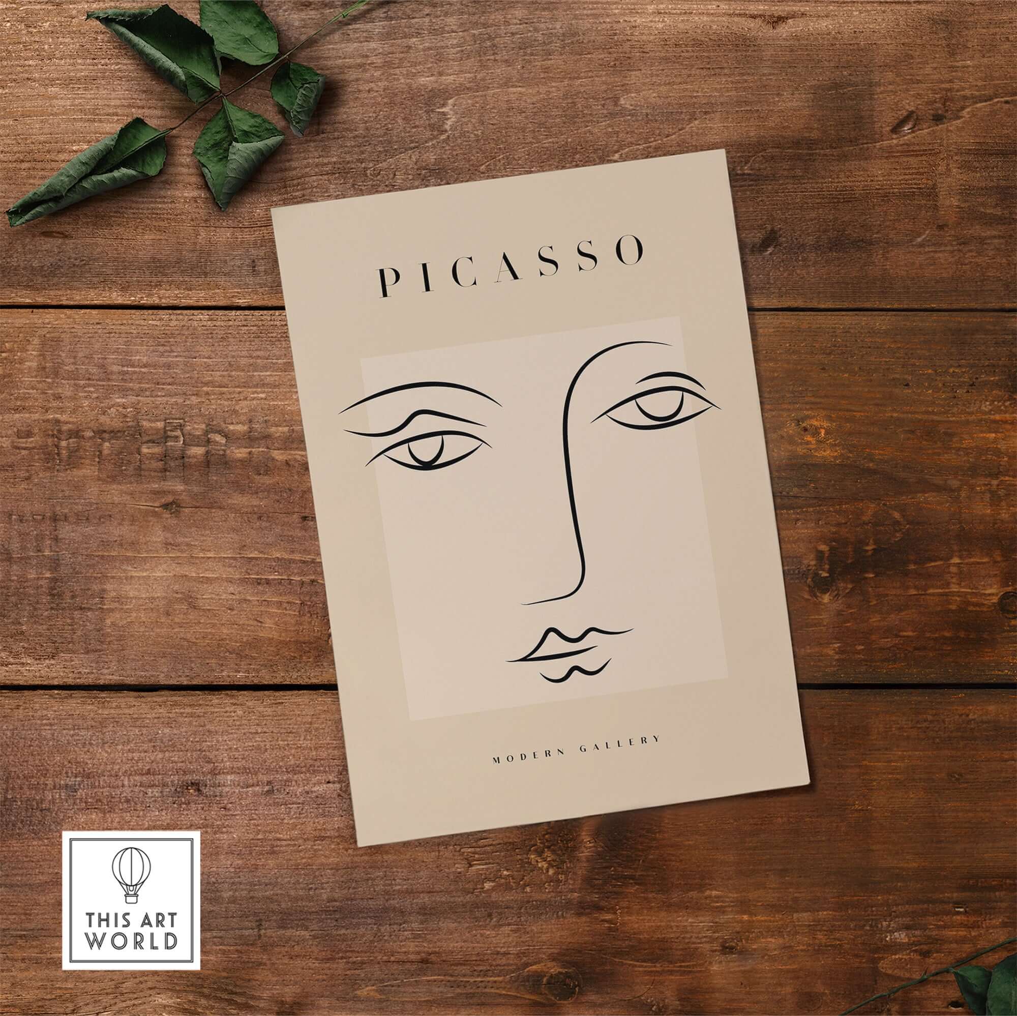 Picasso Minimalist Face Outline Line Art Simple Abstract Poster Modern Gallery Print on wood background