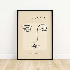 Picasso Minimalist Face Outline Line Art Simple Abstract Poster Modern Gallery Print featuring elegant line art on beige.