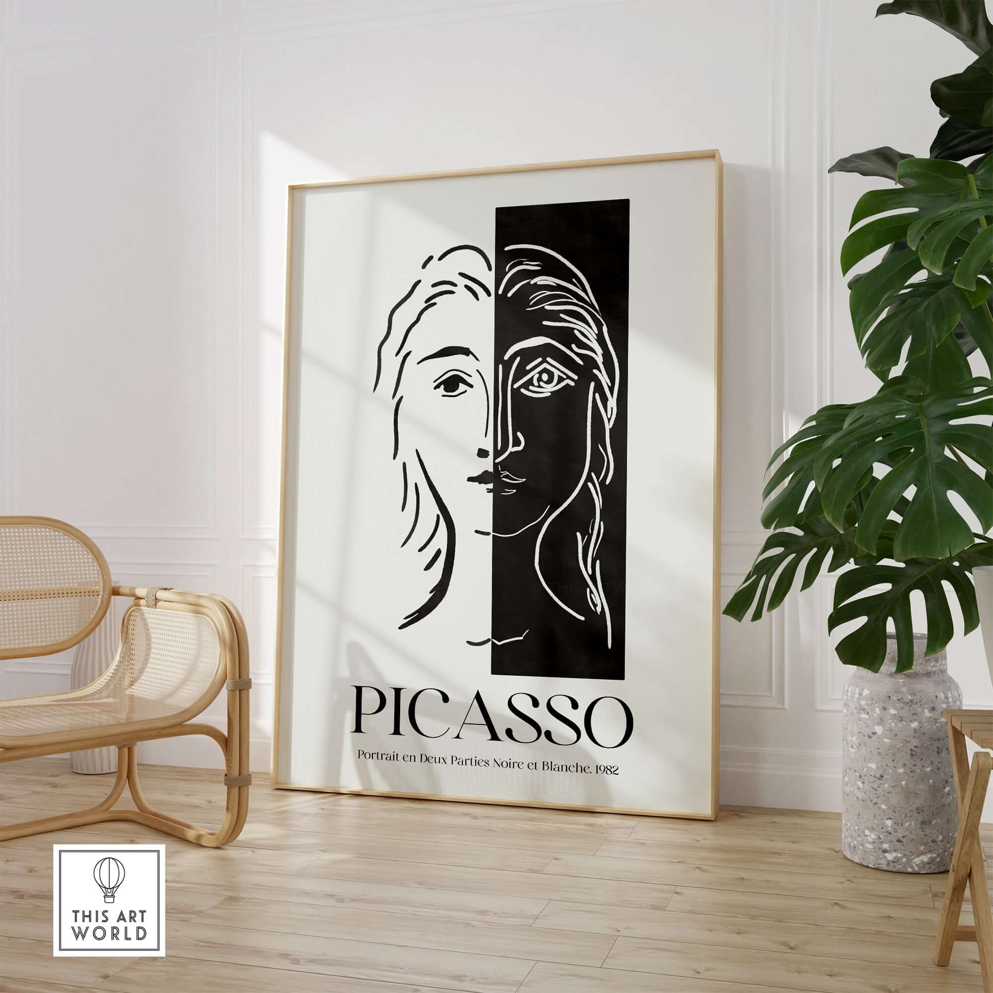Picasso Portrait Deux Parties Black White Split Face Art Print Poster displayed in a modern room with bamboo chair.