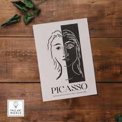 Picasso Portrait Deux Parties Black White Split Face Art Print Poster showcasing split face design in black and white.