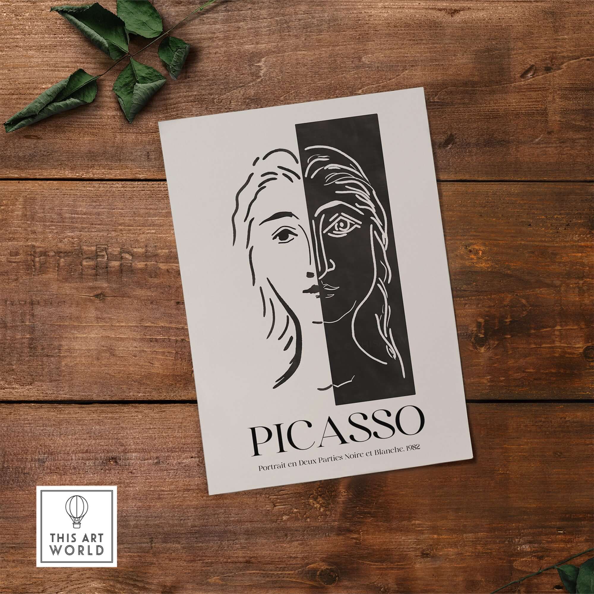 Picasso Portrait Deux Parties Black White Split Face Art Print Poster showcasing split face design in black and white.