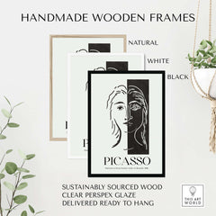 Picasso Portrait Deux Parties Black White Split Face Art Print Poster in handmade wooden frames featuring natural, white, and black.