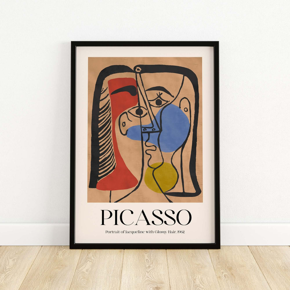 Picasso abstract art print Portrait of Jacqueline with Glossy Hair 1962, colorful poster decor for modern interiors.