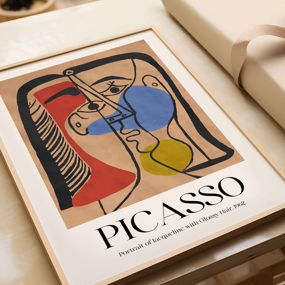 Picasso Portrait Jacqueline Glossy Hair 1962 Abstract Art Print Colorful Poster Decor displayed in a modern frame.