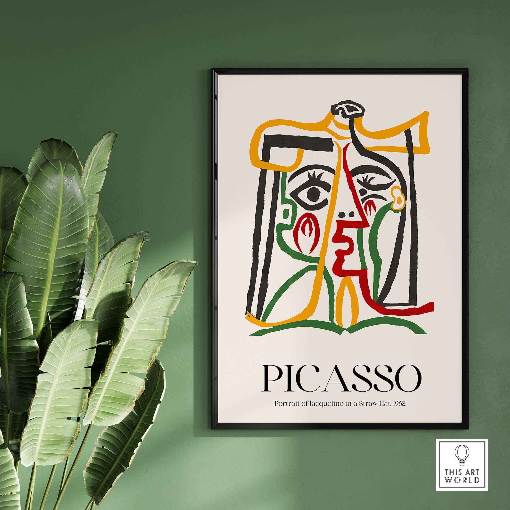 Picasso Portrait Jacqueline Straw Hat 1962 Abstract Line Art Print Colorful Poster on a green wall with plants.