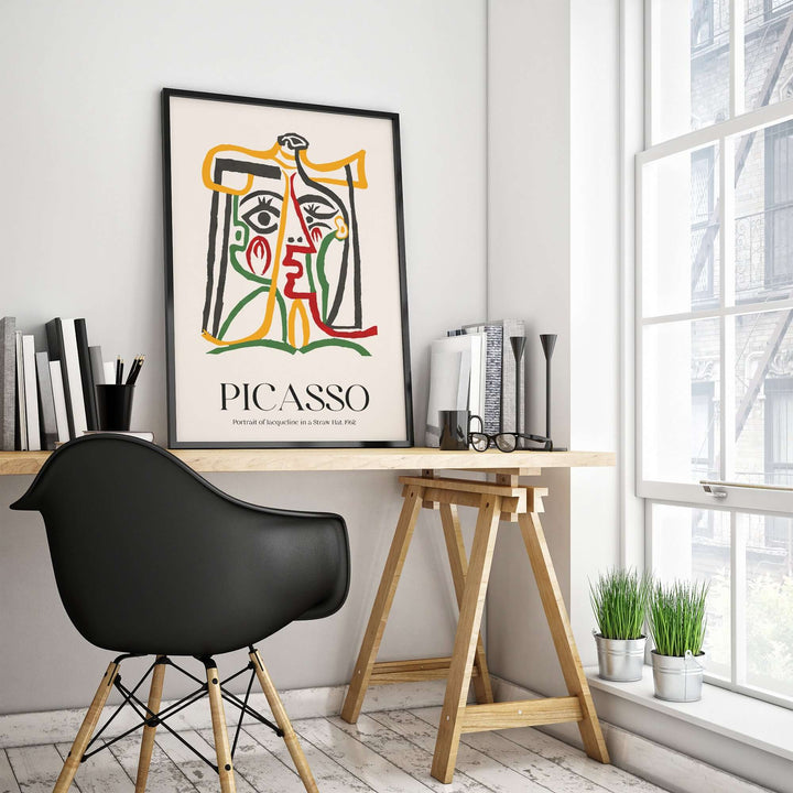 Colorful Picasso abstract wall art print in modern workspace with black chair and plants.