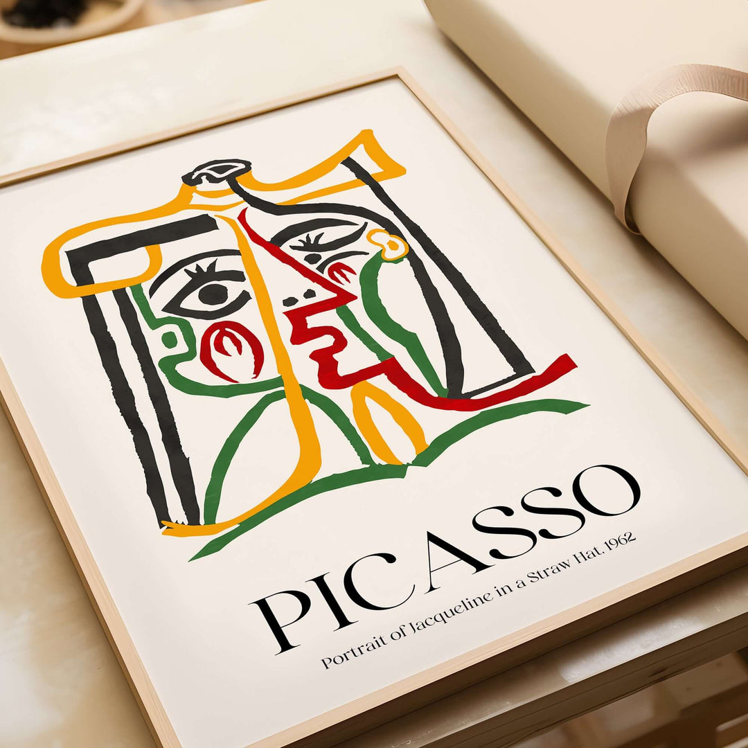 Picasso abstract art print of Jacqueline in straw hat, colorful line art poster from 1962 with bold designs.