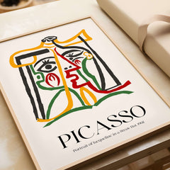 Picasso Portrait Jacqueline Straw Hat 1962 Abstract Line Art Print Colorful Poster displayed in a frame.