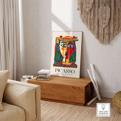 Picasso Portrait Jacqueline Straw Hat 1962 Colorful Abstract Art Print Modern Poster displayed in a contemporary living space.