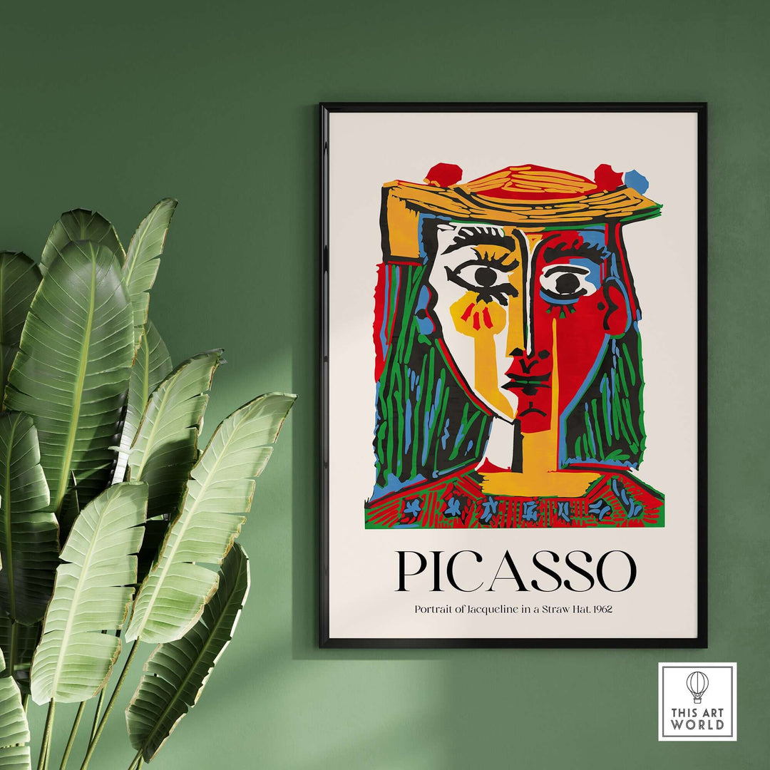 Picasso's vibrant 'Portrait of Jacqueline in a Straw Hat' 1962 art print, featuring bold colors and abstract design.