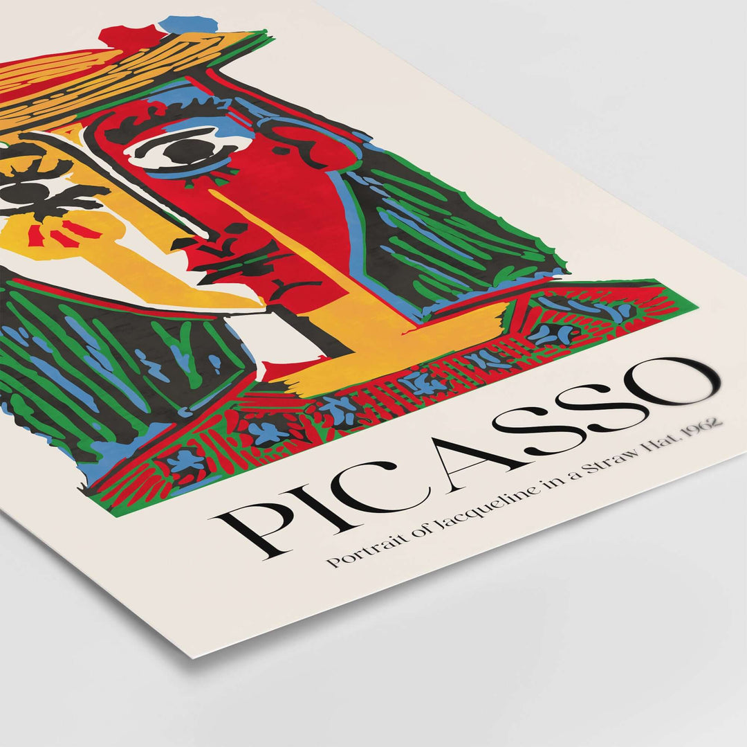 Colorful abstract modern art print of Picasso's 'Portrait of Jacqueline in a Straw Hat' (1962).