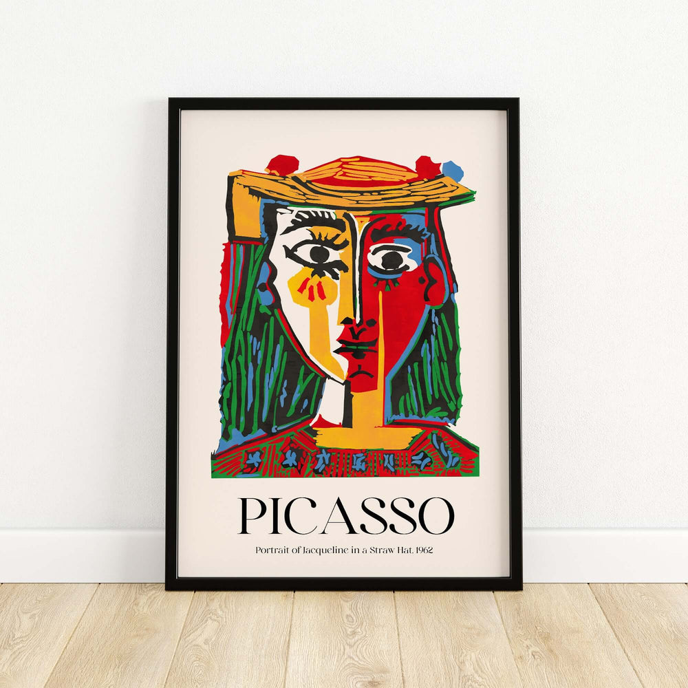 Colorful Picasso portrait print of Jacqueline in a straw hat, featuring vibrant abstract art and bold brushwork.