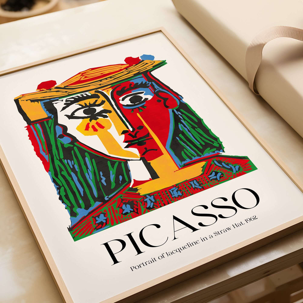 Picasso Portrait Jacqueline Straw Hat 1962 Colorful Abstract Art Print Modern Poster displayed on table.