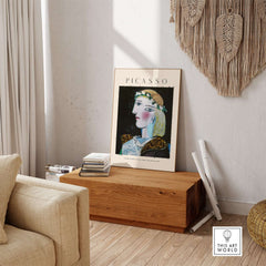 Picasso Portrait Marie Thérèse Walter Garland 1937 Art Print Cubist Woman Poster displayed in a modern living room setting.