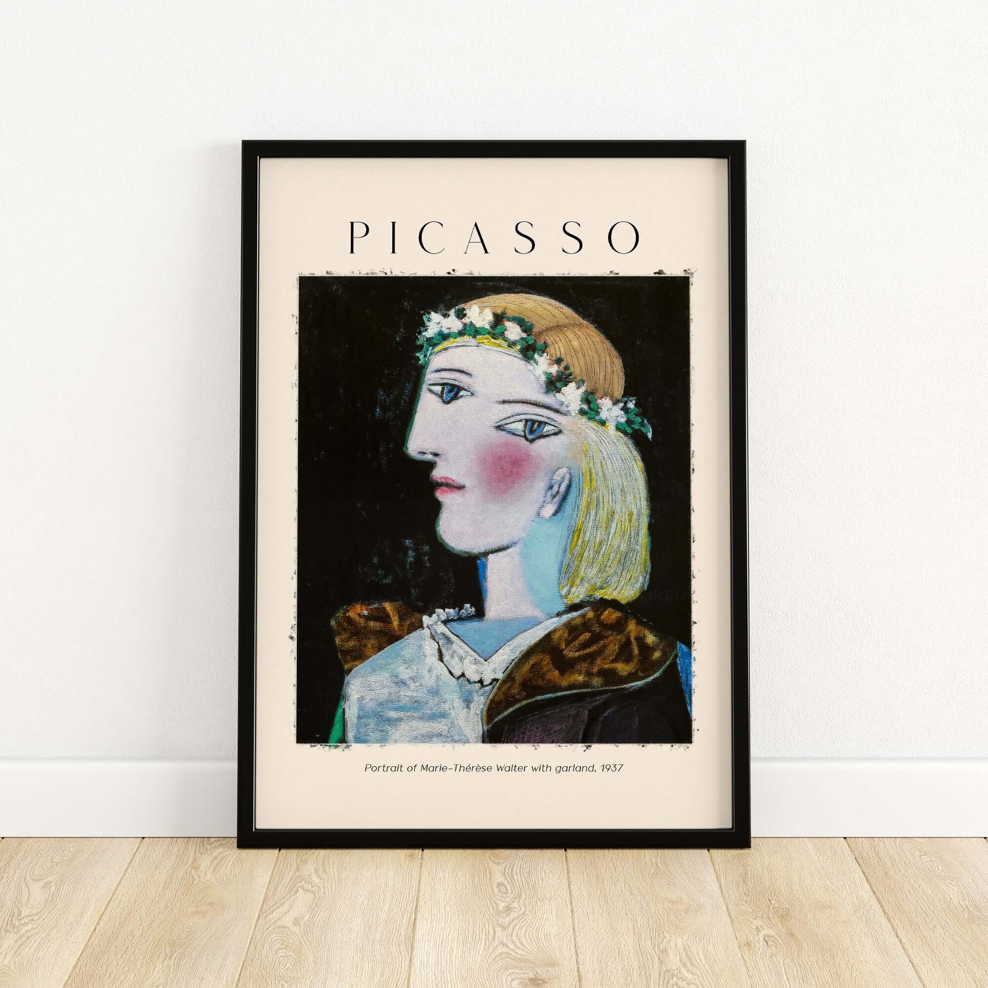 Picasso Portrait Marie Thérèse Walter Garland 1937 Art Print Cubist Woman Poster in a black frame on a wooden floor.