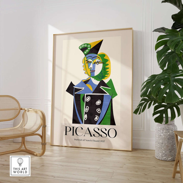 Picasso Portrait of Nusch Eluard 1937 vibrant cubist art print modern wall decor in stylish interior.