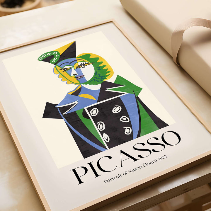 Cubist art print of Picasso's 'Portrait of Nusch Eluard' 1937 featuring bold colors and geometric shapes.