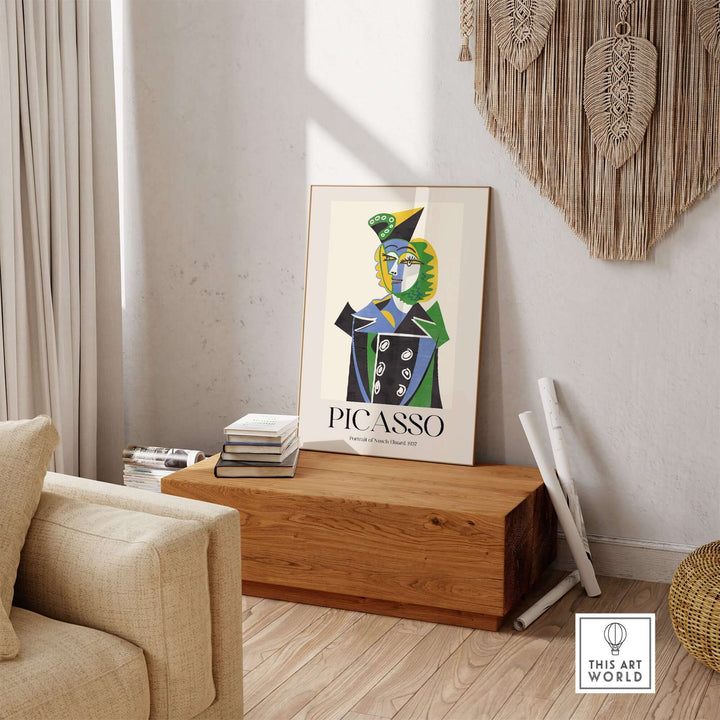 Colorful Cubist art print of Picasso's Portrait of Nusch Eluard displayed in a modern living room setting.