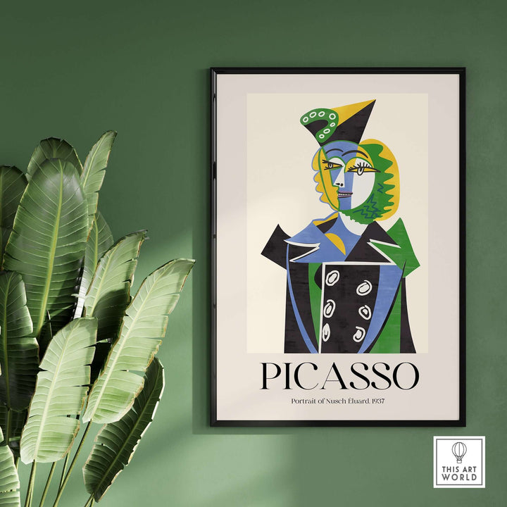 Colorful Picasso art print of Nusch Eluard 1937, featuring Cubist geometric design on a green wall.
