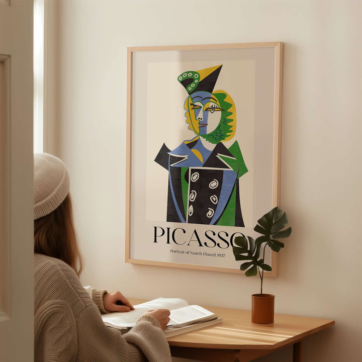 Colorful Picasso 'Portrait of Nusch Eluard' 1937 cubist art print on wall, modern decor with viewer.
