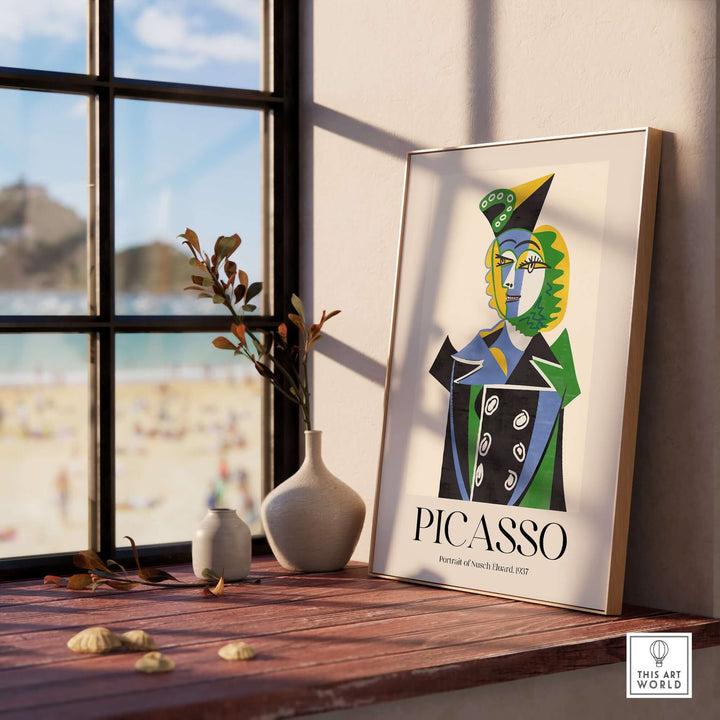 Colorful Picasso Portrait of Nusch Eluard 1937 art print displayed by a window with beach view.