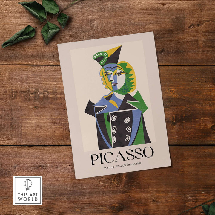 Picasso Portrait of Nusch Eluard 1937 colorful cubist art print poster on wooden background.