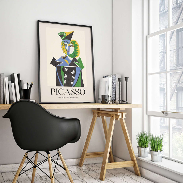 Colorful Cubist art print of Picasso's 'Portrait of Nusch Eluard' displayed in a modern office setting.