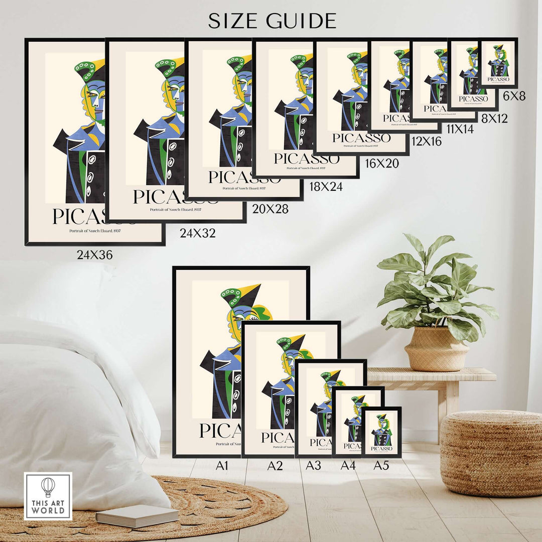 Size guide for Picasso Portrait Nusch Eluard prints in various dimensions, showcasing Cubist art styles.