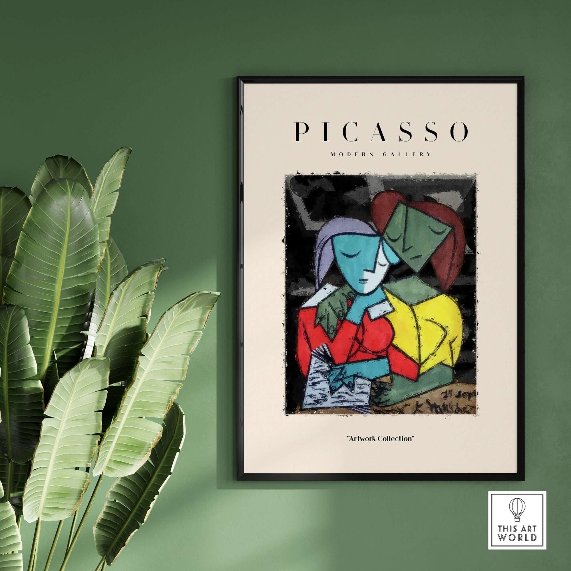 Picasso Reading Couple Abstract Figures Art Print Cubist Poster Artwork Collection on green wall with plants.
