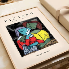 Picasso Reading Couple Abstract Figures Art Print Cubist Poster Artwork Collection on display with bold colors and abstract figures.