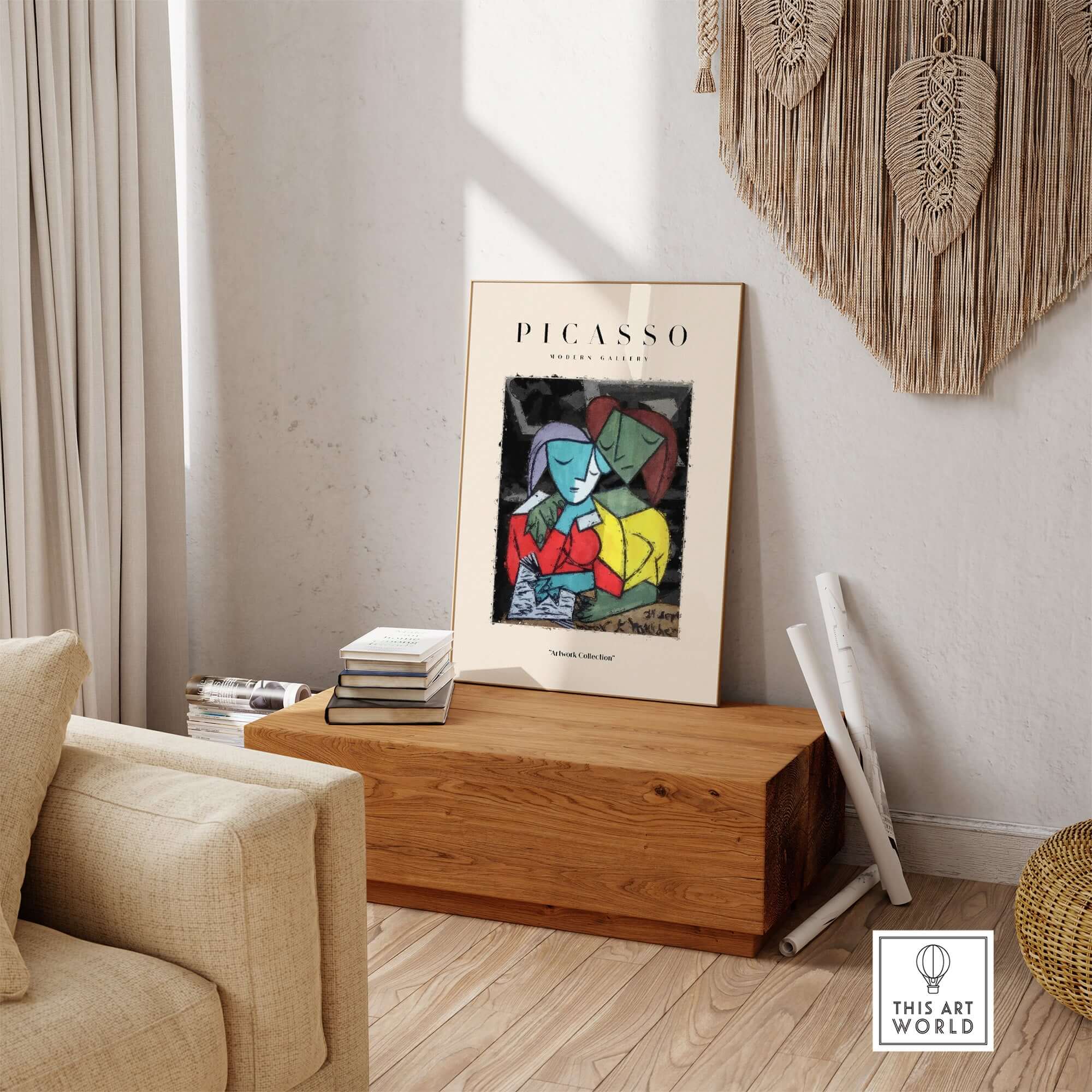 Picasso Reading Couple Abstract Figures Art Print Cubist Poster Artwork Collection displayed in a modern living room setting.