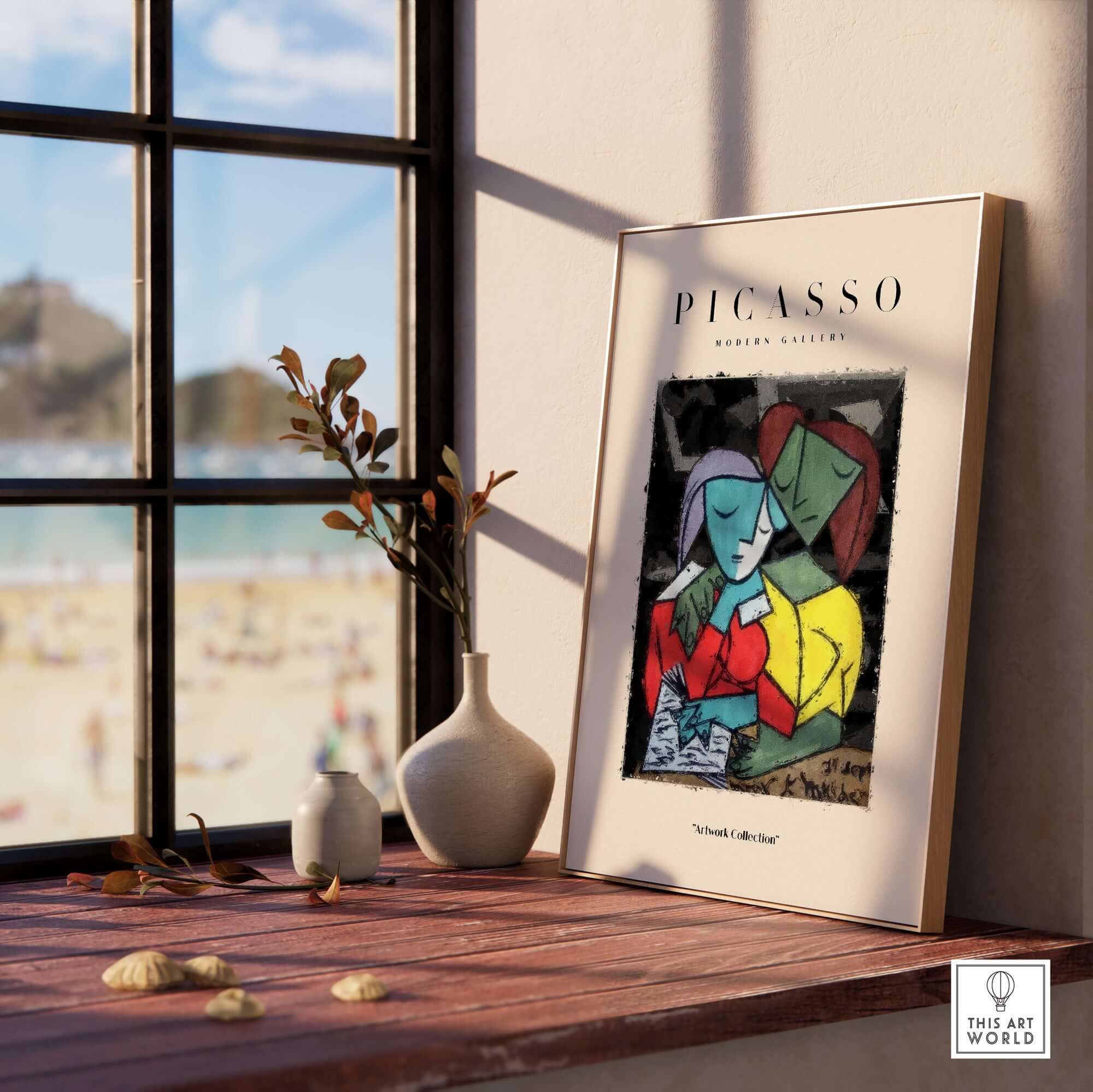 Picasso Reading Couple Abstract Figures Art Print Cubist Poster Artwork Collection displayed on a shelf by a window.