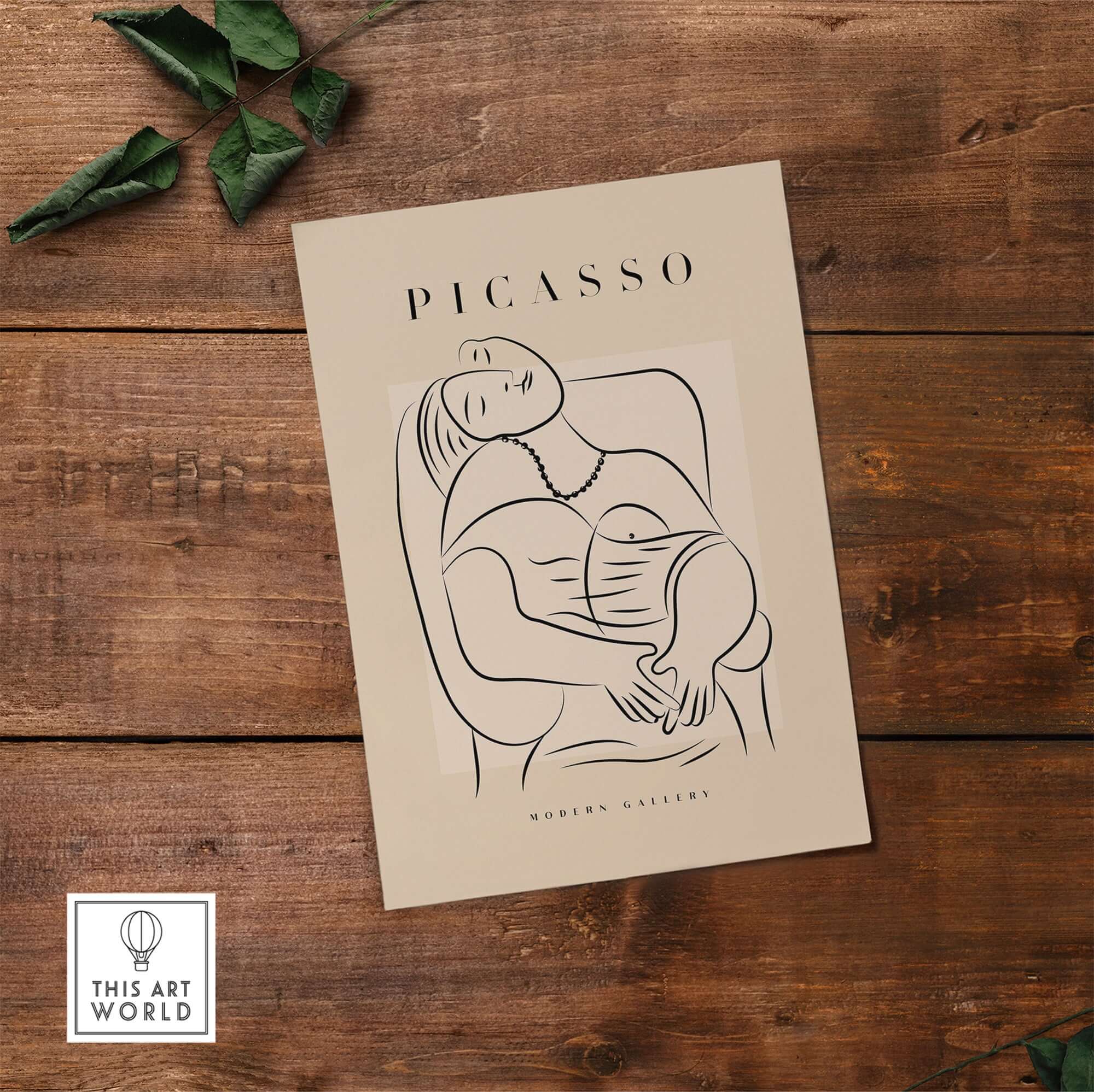 Picasso Reclining Woman Necklace Line Art Figure Poster Modern Gallery Wall Art on wooden background