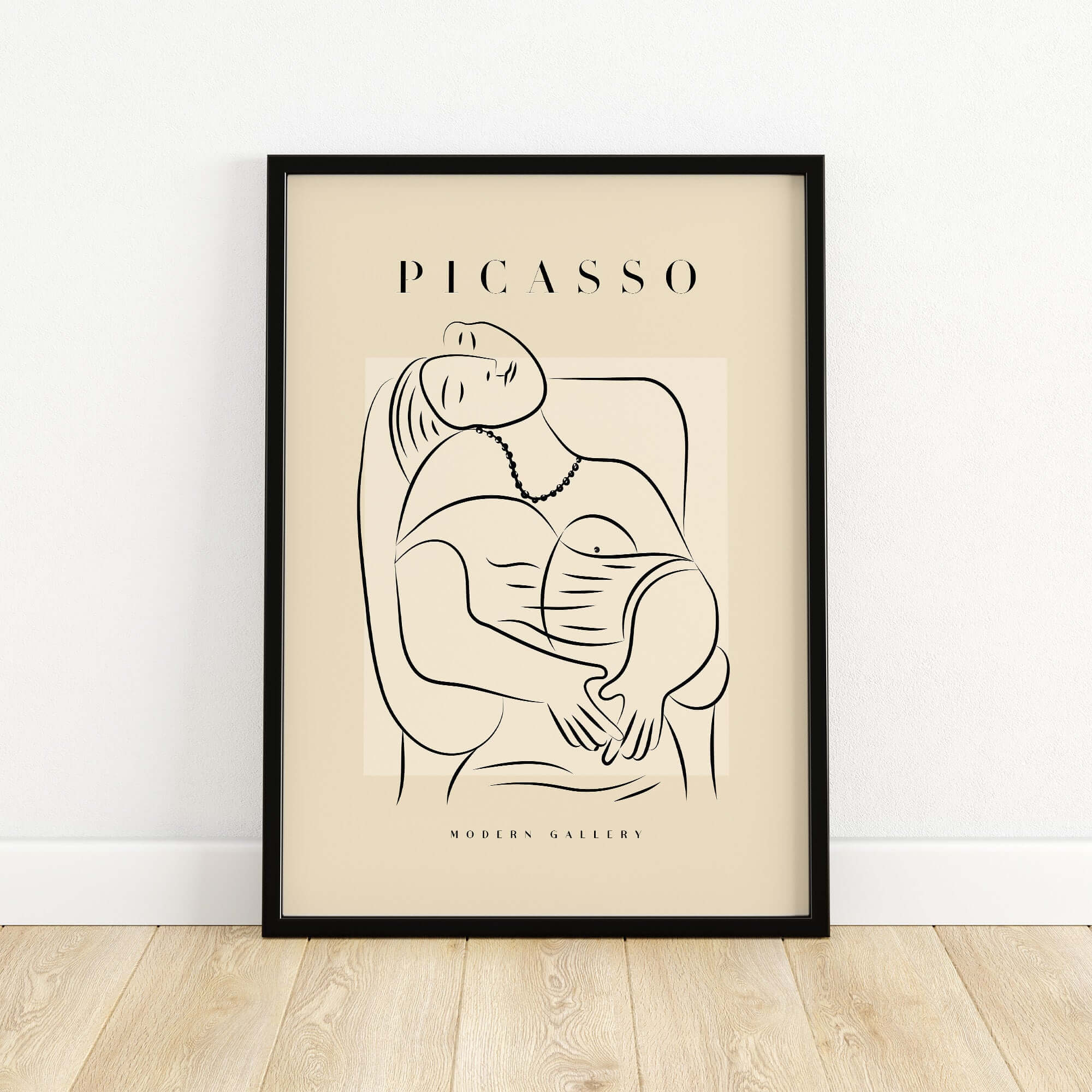 Picasso Reclining Woman Necklace Line Art Figure Poster Modern Gallery Wall Art featuring a minimalist line drawing of a reclining woman.