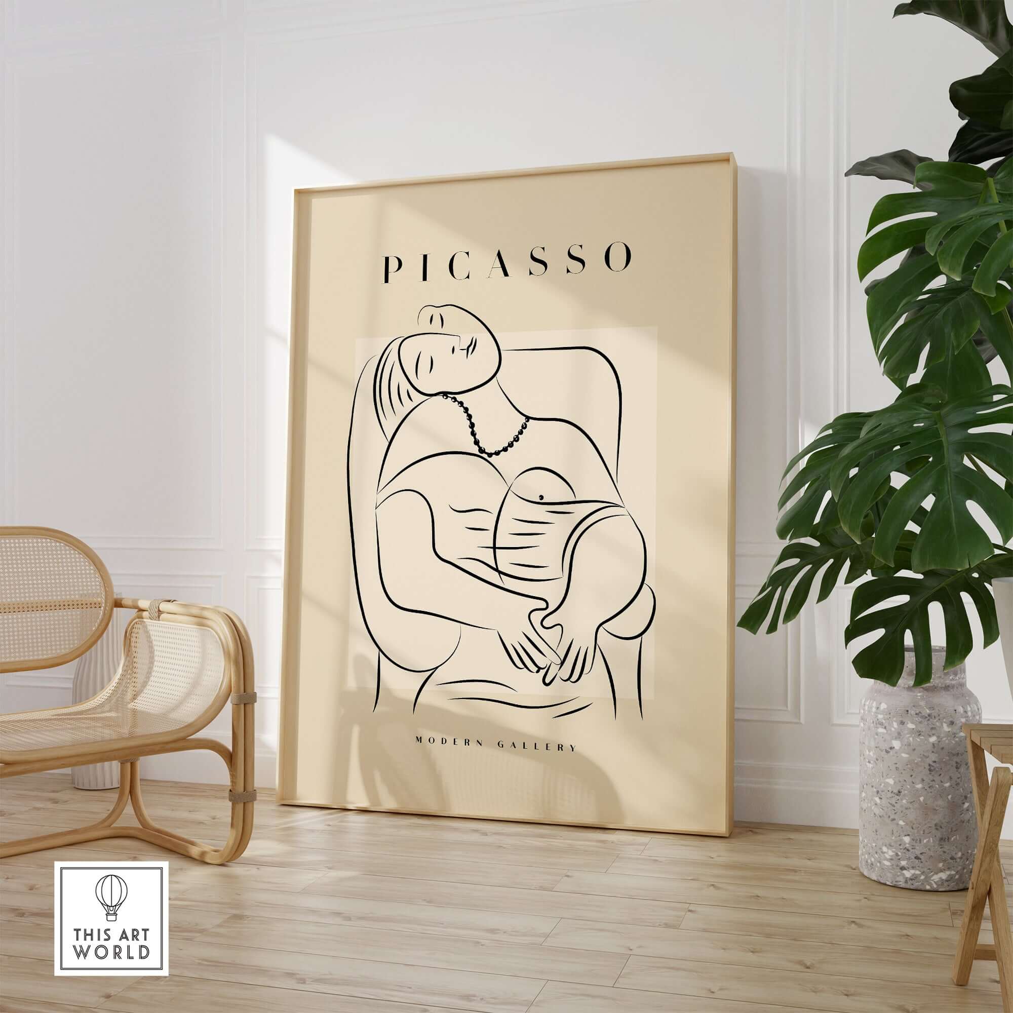 Picasso Reclining Woman Necklace Line Art Figure Poster Modern Gallery Wall Art in stylish interior setting